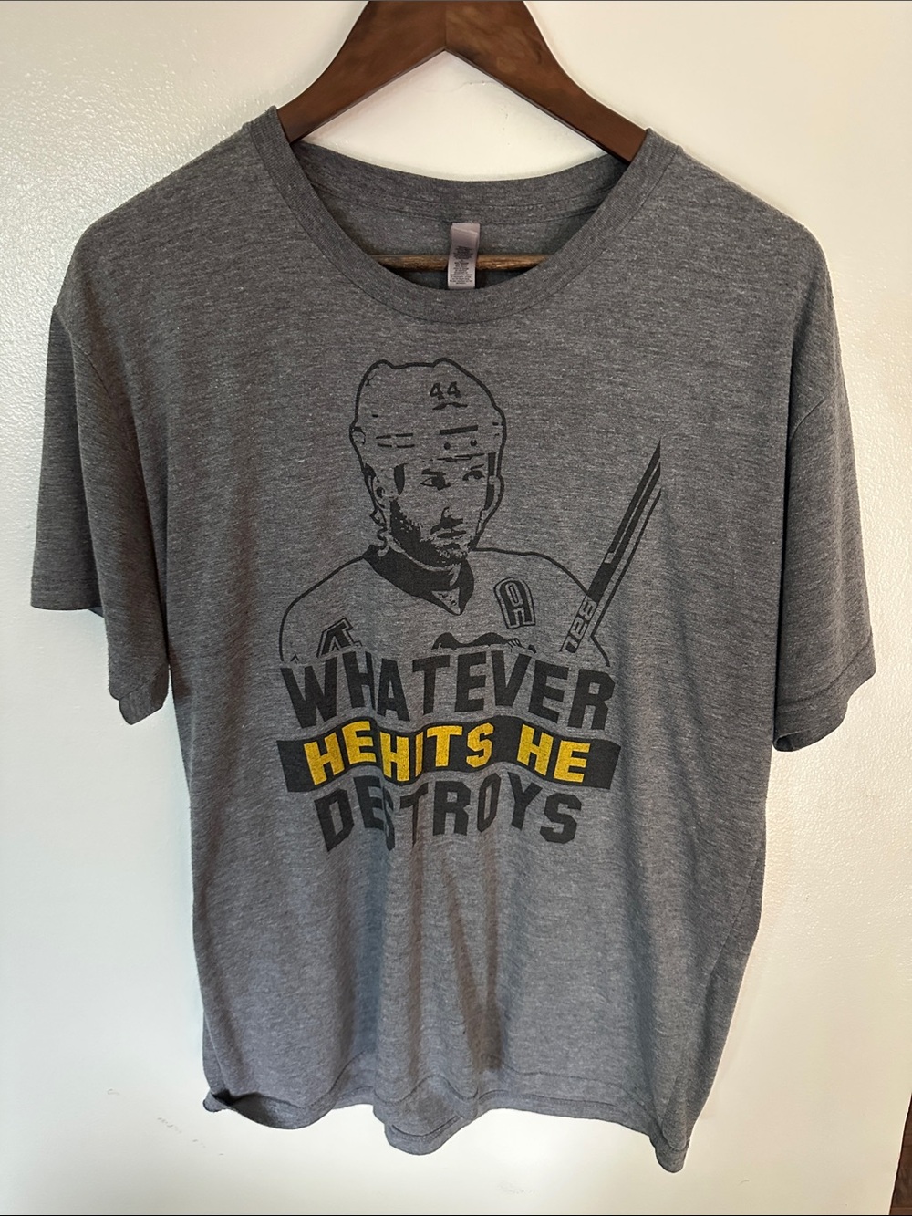 Pittsburgh Penguins Grey Graphic Hockey Tee - Whatever He Hits He Destroys
